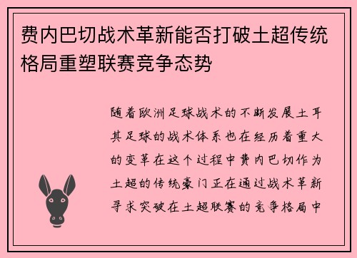 费内巴切战术革新能否打破土超传统格局重塑联赛竞争态势 费内巴切战术革新能否打破土超传统格局重塑联赛竞争态势